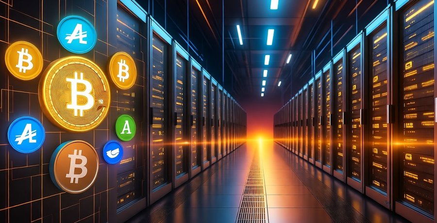 明るく照らされたサーバールームの奥に向かって光が差し込み、前景にはビットコインやイーサリアムなど複数の暗号通貨ロゴが浮かぶ。デジタル資産の成長とマイニング技術の未来を象徴するイメージ。