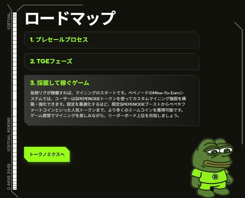 PepeNodeのロードマップを示す黒背景の画面。プレセールのプロセスや今後の予定が文字で説明され、右下にはゴーグルをかけたPepeキャラクターが立っている。