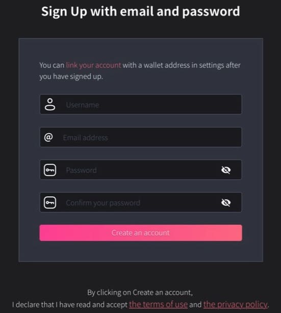 ユーザー名、メールアドレス、パスワードを入力して「Create an account」をクリック