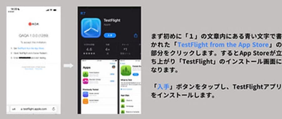 TestFlight from the App Storeをタップしたら、TestFlightを入手できる画面が表示される