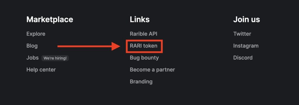 ページ下部に移動して「RARI token」ページにアクセス