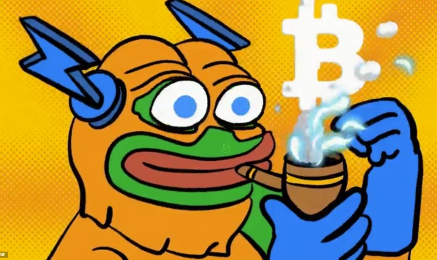 オレンジ背景に、コーヒーを片手にビットコインを見つめるChatGPT風キャラクター