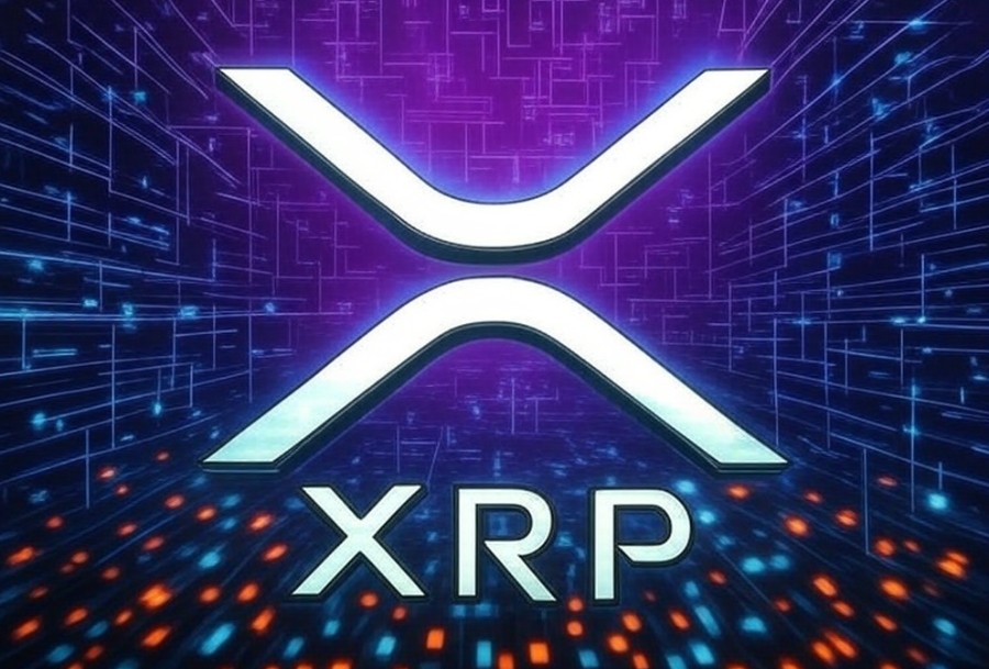 ネオン風のXRPロゴが中央に配置され、背景に近未来的なデジタルネットワークが広がるビジュアル