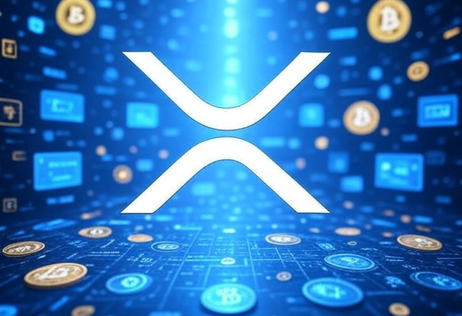 中央に大きくXRPロゴが浮かび、周囲に多数の仮想通貨アイコンが広がる青いデジタル空間