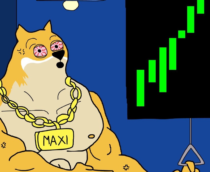 金色のネックレスに“MAXI”と刻まれた筋肉質の犬キャラクターがソファに座り、上昇チャートを見つめているイラスト。ChatGPTが注目する新アルトコイン『Maxi Doge(マキシドージ)』を象徴している。