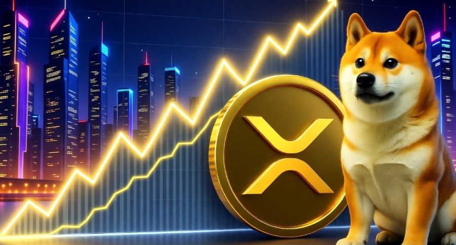 都市の夜景を背景に、金色のリップル(XRP)ロゴの横に立つ柴犬のイラスト。上昇するチャートラインが輝き、次に注目すべき仮想通貨として『Maxi Doge』を象徴的に表現している。
