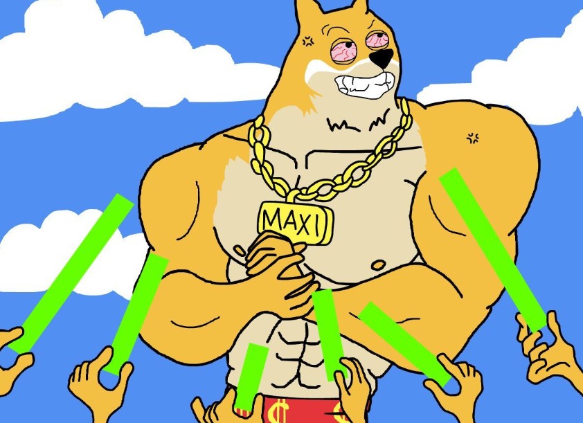青空を背景に、複数の緑色の上昇グラフを掲げてポーズを取る“MAXI”キャラクターのイラスト。『Maxi Doge』が単なるミームではなく実力を持つプロジェクトであることを表現している。