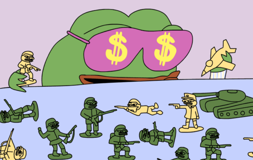 大きなドルマーク入りサングラスをかけたカエルキャラクターの周りに、兵士のような小さなカエルたちが行進しているイラスト。Wall Street Pepeの力強さや組織的な動きを象徴している。