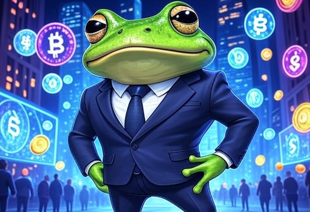 スーツを着たカエルキャラクターが堂々と立ち、背後には暗号通貨のロゴ(ビットコイン、イーサリアム、ドル記号など)が光り輝く都市風の背景が広がっている。Wall Street Pepeの象徴的なイラスト。