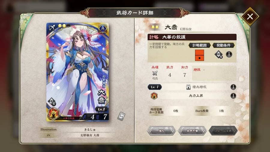 武将カードに書かれているデータ