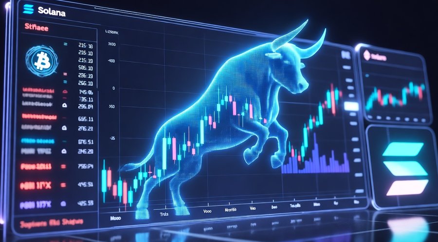 青い光のラインで描かれた強気相場のシンボルである雄牛のホログラムと、上昇チャートを示すトレーディング画面。Solanaのロゴが表示され、仮想通貨市場の上昇トレンドを象徴している。