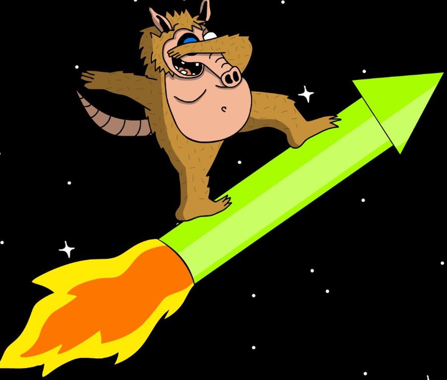 Snorter Botのキャラクターが緑色のロケットに乗って宇宙を飛ぶイラスト。上昇を象徴する矢印型のロケットが勢いよく進み、仮想通貨の高騰や成長を暗示している。