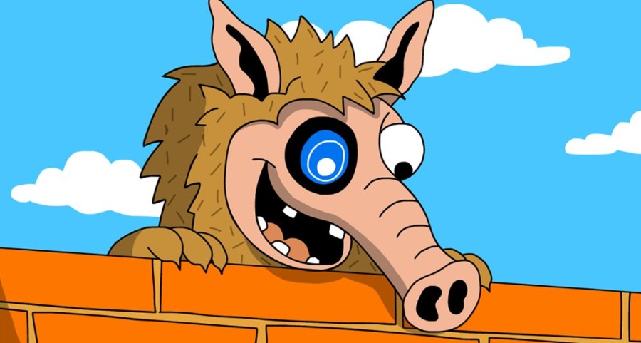 Snorterのキャラクターが青空の下で笑顔を見せるアップイラスト。特徴的な青い目とコミカルな表情で、SSNORTトークンの注目度や人気を象徴している。