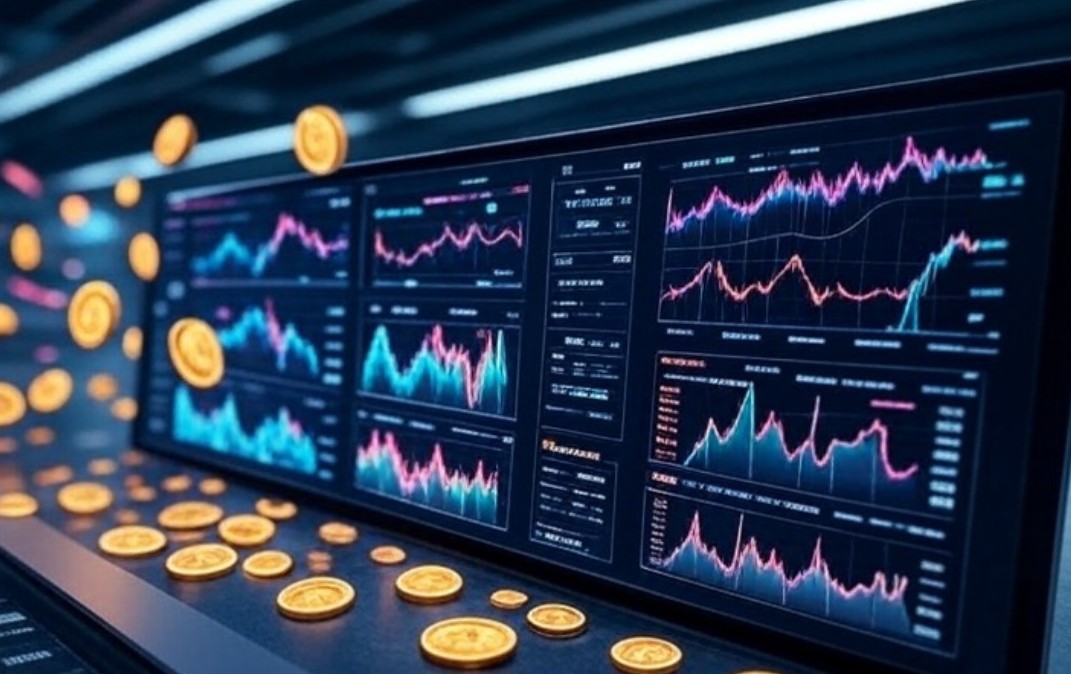 複数の仮想通貨チャートが表示された取引モニターと、デジタルコインが散らばる近未来的なトレーディング環境のイメージ