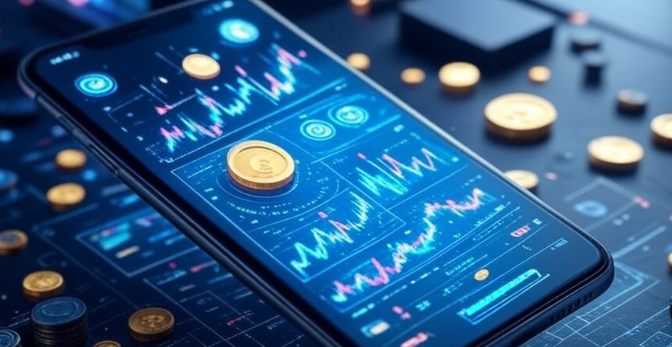スマートフォンの画面に仮想通貨のチャートと価格データが表示され、周囲にビットコインのコインが散らばるデジタル取引のイメージ
