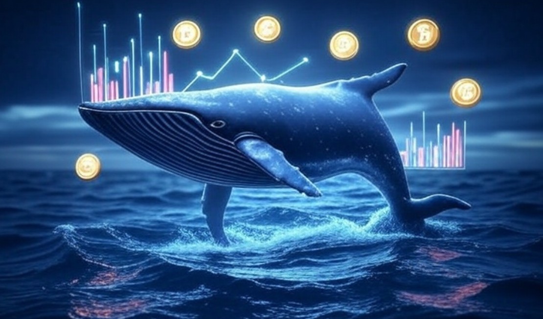 暗号通貨のチャートとトークンアイコンを背に泳ぐクジラのイラスト。大口投資家(クジラ)を象徴