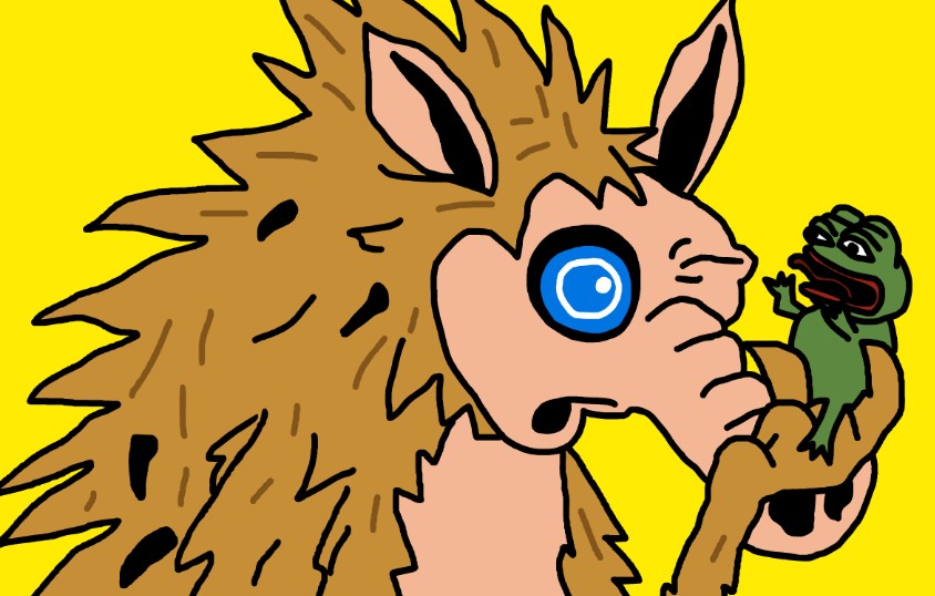 黄色の背景に、片手でカエルのキャラクターを持ち上げて見つめるSnorterのマスコットキャラクターが大きく描かれているイラスト