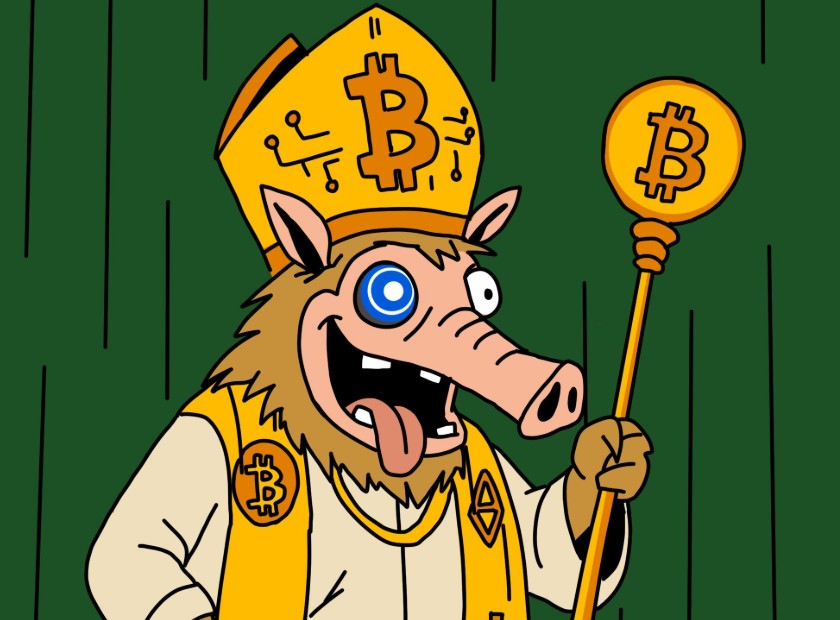 ビットコインのシンボルをあしらった法王の衣装をまとい、杖を持って微笑むイノシシキャラクターのイラスト。