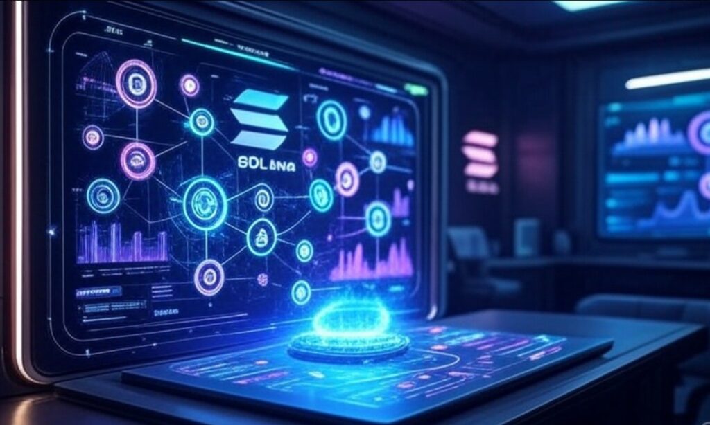 近未来風のデジタル空間に、ソラナのロゴと仮想通貨関連のデータがホログラムで表示されたインターフェースが浮かび上がるイラスト