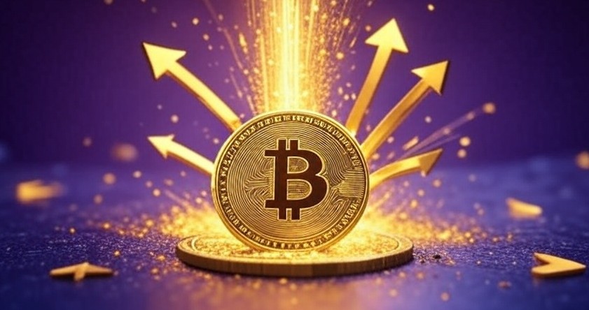 金色のビットコインが中央に浮かび、その背後から複数の矢印が放射状に上昇する光景。価格上昇や強気相場を象徴する力強いビジュアル