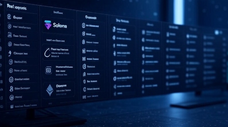 暗い背景の大画面モニターにSolanaを含む複数の仮想通貨プロジェクト名とロゴが一覧表示されている。技術的で近未来的な印象を与えるディスプレイ