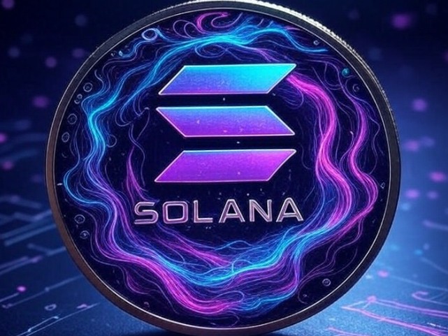 青と紫の電流が渦を巻く中に「SOLANA」と刻まれた仮想通貨コインが中央に浮かぶ。幻想的なオーラに包まれ、Solanaの先進性とエネルギー感を強調している。