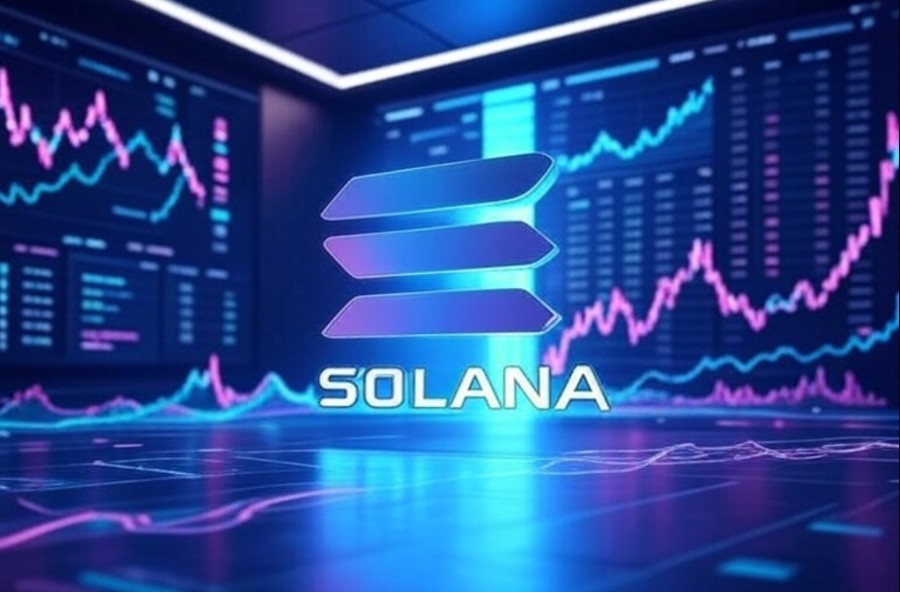 紫と青のローソク足チャートが輝く背景に、中央に発光するSolana(ソラナ)のロゴが浮かぶ。強気相場を示唆するビジュアルで、Solanaの価格上昇への期待感を演出している。