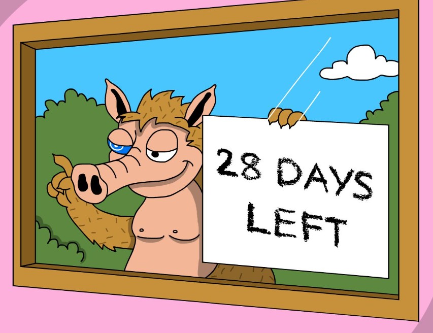 漫画風のイノシシキャラクターが『28 DAYS LEFT』と書かれたボードを掲げているイラスト。$SNORTのプレセール終了までの残り日数を示している