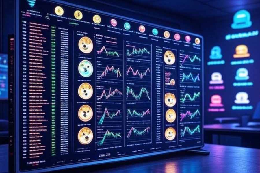 仮想通貨プラットフォーム上で人気急上昇中のトークン情報が一覧表示されたディスプレイ。LetsBonkやSnortr Botなどの新興ミームコインの注目度と市場での勢いを示すビジュアル。