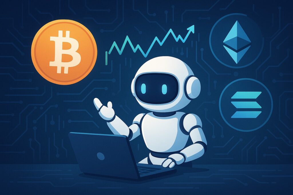 ノートパソコンを操作するロボットと、ビットコイン、イーサリアム、ソラナのアイコン。取引ボットに関する記事の挿絵