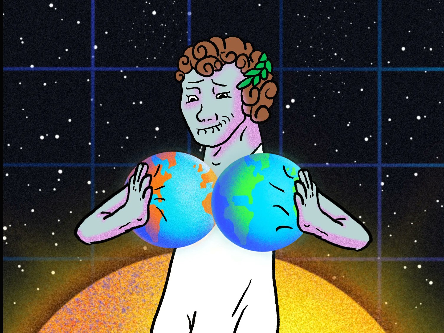 二つの地球を胸にのせ悩む古代ローマ風衣装のキャラクターが宇宙空間に立つイラスト