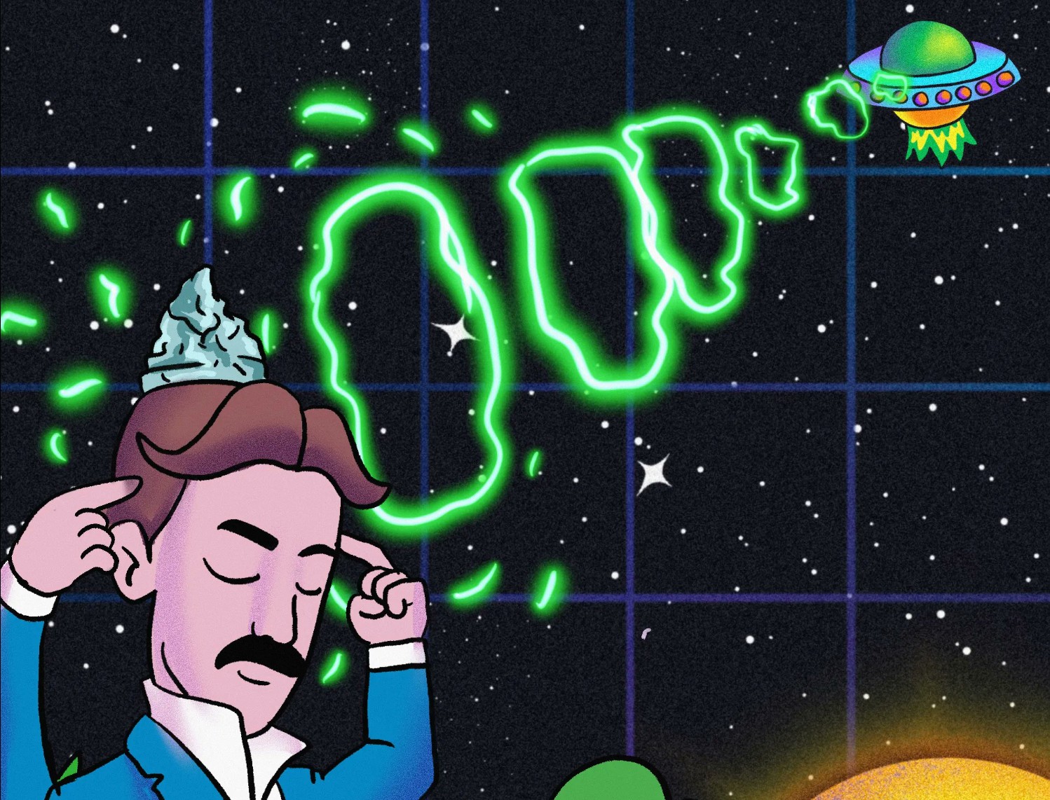 頭にクリームをのせ指でこめかみを押す男性キャラクターと、宇宙空間の緑色の光で囲まれた「0%」の文字とUFOのイラスト