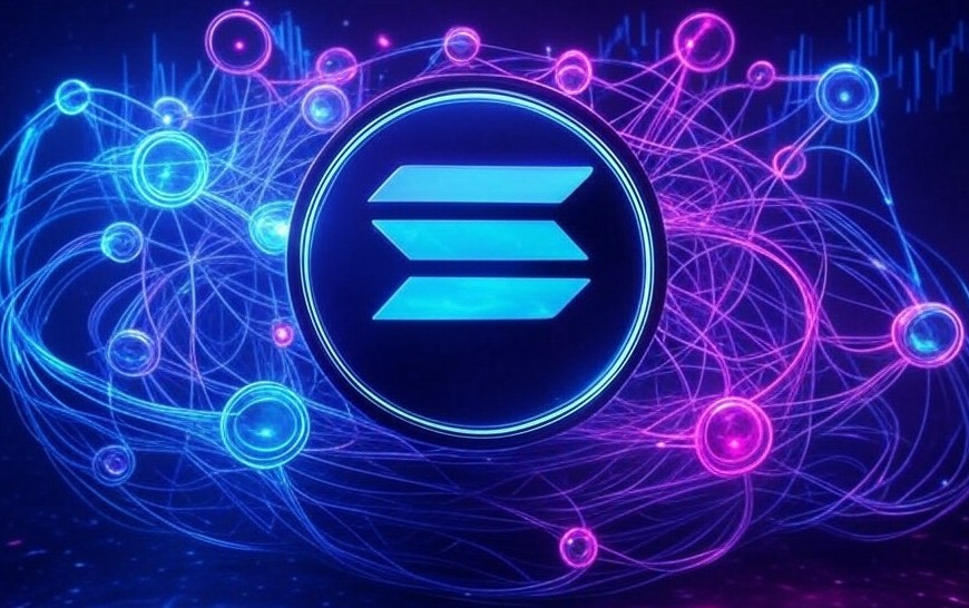 Solanaのロゴを中心に、青とピンクの光るネットワークが複雑に交差し、未来的なブロックチェーン技術を象徴するビジュアル。