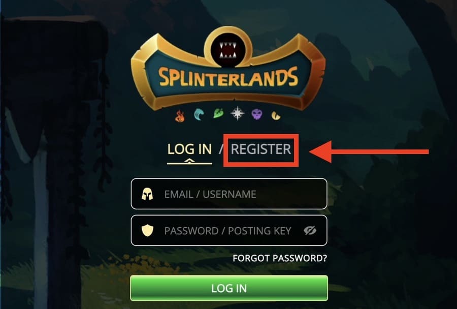 Splinterlandsログイン画面の「REGISTER」をクリックして、新規アカウント登録ページにアクセス