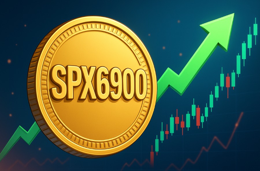 SPX6900と刻印された金色のコインと、緑の上昇矢印が描かれた仮想通貨チャート。価格高騰とトークン成長を示すビジュアル
