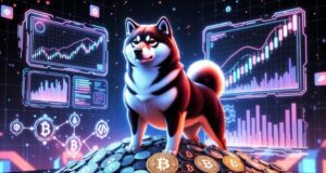 グラフが映し出されたデジタル背景の中に柴犬が立ち、足元にビットコインやイーサリアムなどのコインが並ぶ、Maxi Dogeの象徴的なビジュアル。ミームコインとしての注目と上昇ムードを表現している。