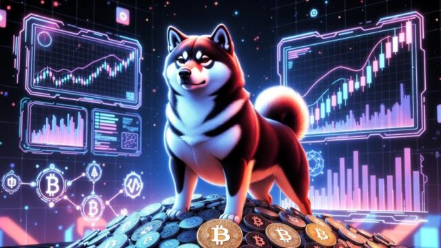 グラフが映し出されたデジタル背景の中に柴犬が立ち、足元にビットコインやイーサリアムなどのコインが並ぶ、Maxi Dogeの象徴的なビジュアル。ミームコインとしての注目と上昇ムードを表現している。