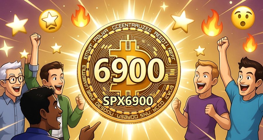 中央に「SPX6900」と刻まれた金色のコインを囲んで、歓喜する人々が両手を挙げているイラストで、ミームコインブームの熱狂や投資家の盛り上がりを象徴的に描いたシーン。