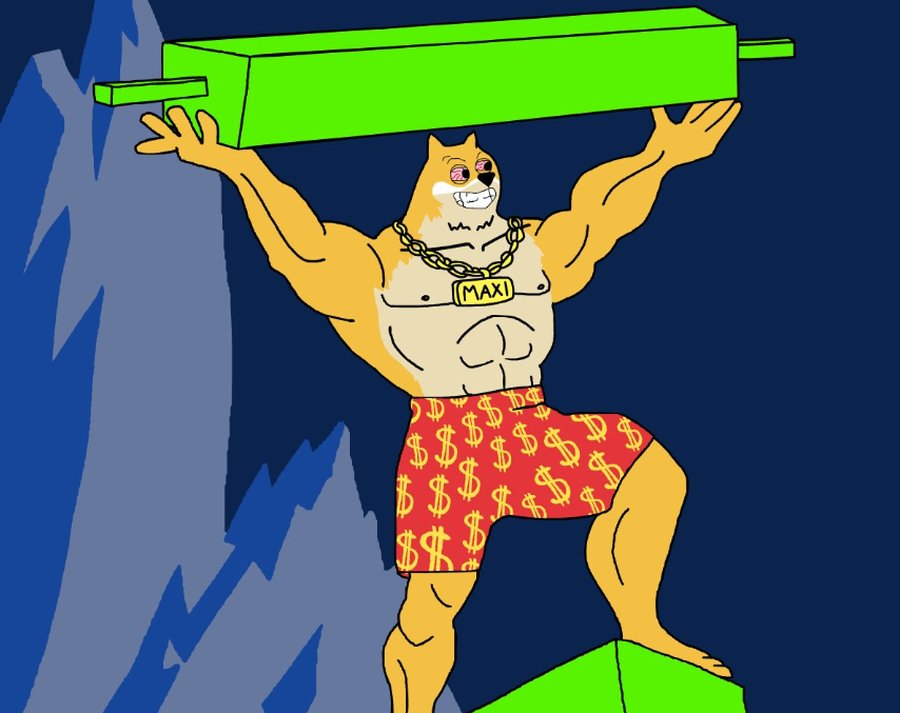 筋肉質なドージキャラクターが巨大な緑色のローソク足チャートを頭上で持ち上げるポーズを取っているイラストで、Maxi Dogeの力強さやレバレッジ取引の象徴をユーモラスに描いたミーム風デザイン。