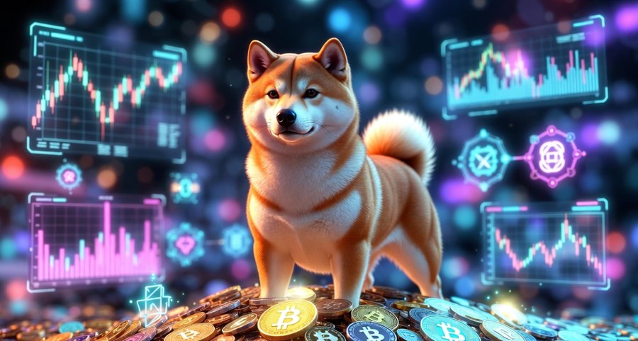 デジタルチャートや仮想通貨アイコンが浮かぶ背景の中で、柴犬が立っている光沢感のある3Dイラスト。Maxi Dogeの勢いや、仮想通貨市場での注目度を象徴する未来的なビジュアル。