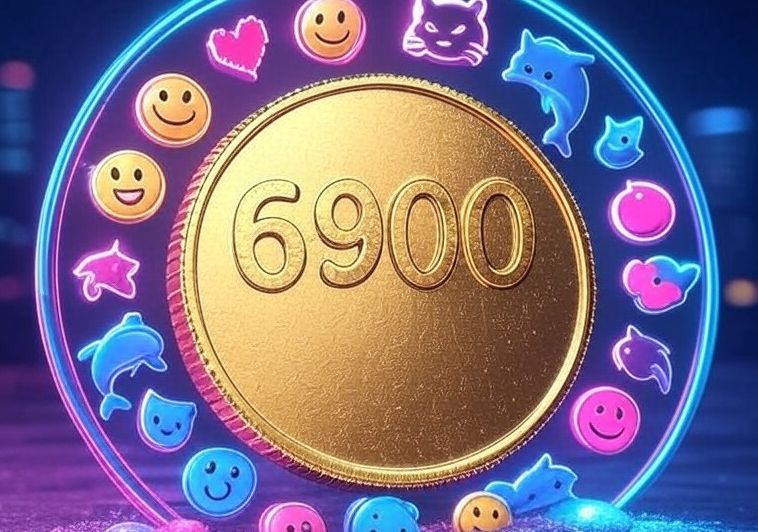 大きな『6900』の金色コインが中央にあり、その周囲をハートや絵文字風のアイコンが青とピンクの光で取り囲んでいる。SPX6900の反発と成功を示すイメージ