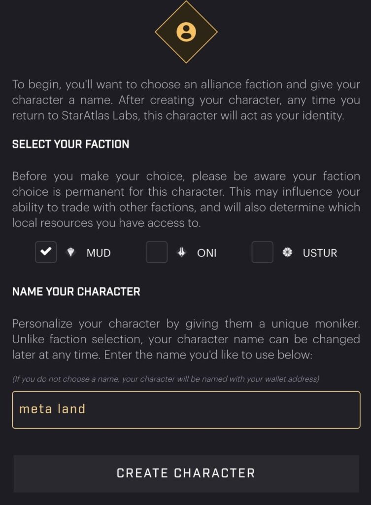 Star Atlasのキャラクター選択画面