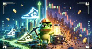 STEPNなど過去のP2E失敗を背景にしたPepenodeのコンセプトイメージ。ネオン都市と上昇チャート、スニーカーやコイン、カエルキャラが並び稼げるミームコインゲームを象徴している。