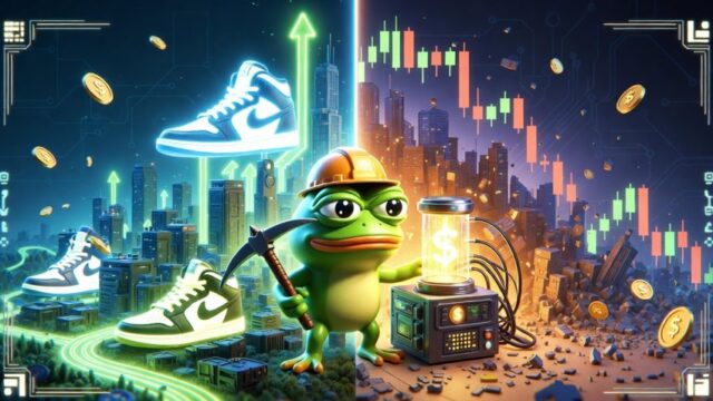 STEPNなど過去のP2E失敗を背景にしたPepenodeのコンセプトイメージ。ネオン都市と上昇チャート、スニーカーやコイン、カエルキャラが並び稼げるミームコインゲームを象徴している。