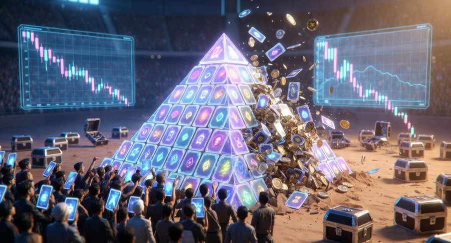 過去のP2Eゲーム崩壊を表現したビジュアル。価格下落チャートの前で人々が集まり、崩れるピラミッド状のデジタル資産が投機バブルの終焉を示している。