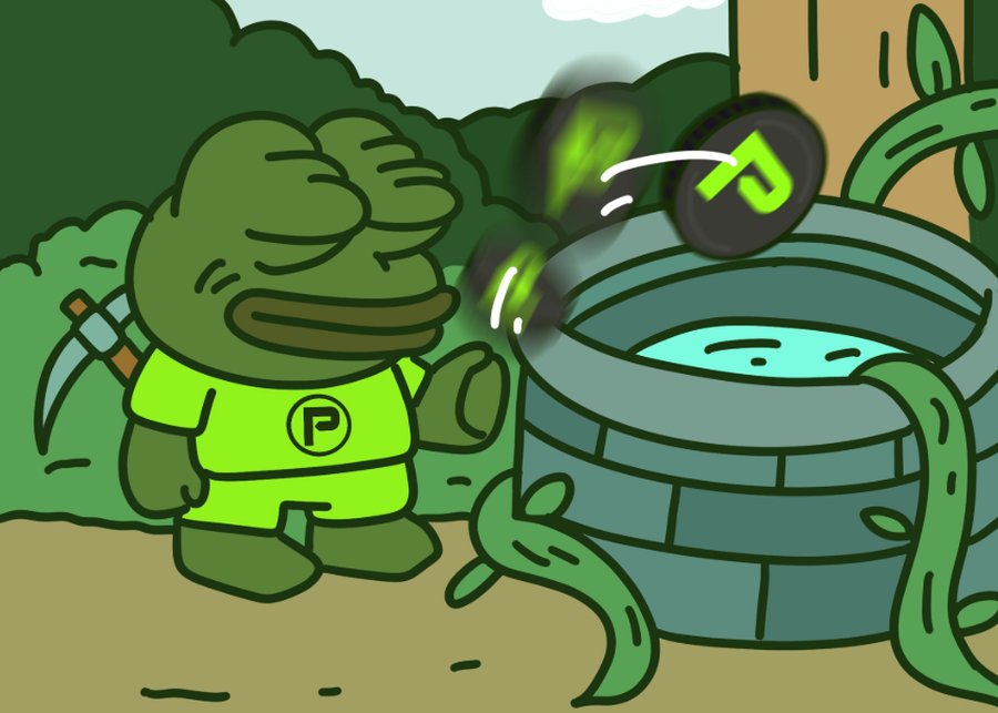 Pepenodeの採掘型ゲーム経済を表すイラスト。カエルキャラが装置からPトークンを掘り出し、実際に稼ぐ体験へつながる仕組みを示している。