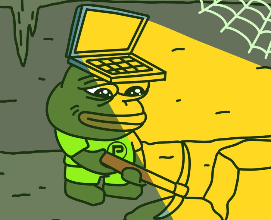 ミームコインの爆発力を示すPepenodeのイラスト。カエルキャラが採掘作業を行い、価格上昇や成長ポテンシャルを連想させるシーン。