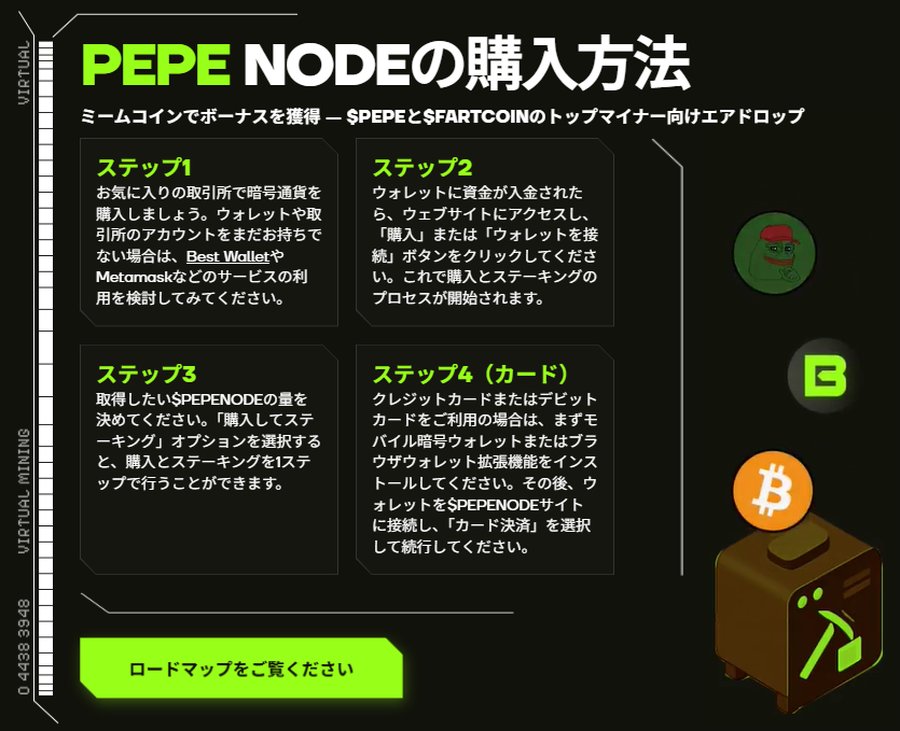 $PEPENODEトークンの購入手順をまとめたガイド画像。プレセール参加のステップ1〜4(ウォレット準備、公式サイト接続、ETH/USDTで購入、トークン受け取り)を図解している。