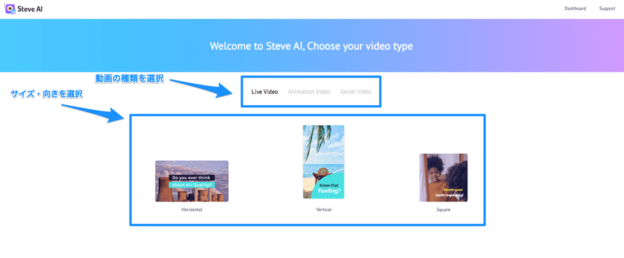 Steve AIで生成する動画の種類とサイズを選択