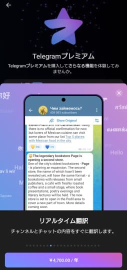 全体翻訳にはTelegramプレミアムの購入が必要